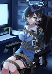 Rule 34 | 1girl, aqua-framed eyewear, arms behind back, bdsm, black hair, black skirt, blue archive, blue cardigan, blue necktie, bondage, bound, breasts, can, cardigan, chair, chihiro (blue archive), cloth gag, collarbone, commentary request, commission, computer, cowboy shot, energy drink, gag, gagged, glasses, green eyes, hair between eyes, hair ornament, halo, highres, id card, improvised gag, indoors, jacket, lanyard, large breasts, long sleeves, looking at viewer, mitabi tsukasa, monster energy, multicolored clothes, multicolored jacket, necktie, open clothes, open collar, pixiv commission, pleated skirt, rabbit hair ornament, restrained, rope, semi-rimless eyewear, shirt, short hair, sidelocks, sitting, skirt, solo, two-tone jacket, under-rim eyewear, white shirt