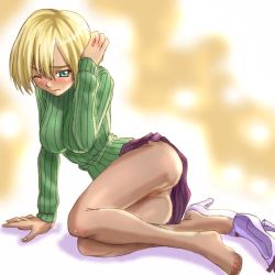 Rule 34 | 00s, 1girl, arm support, ass, blonde hair, blue eyes, blush, breasts, brown pantyhose, feet, full body, green shirt, haruyama kazunori, high heels, impossible clothes, large breasts, lowres, miniskirt, no panties, one eye closed, pantyhose, plantar flexion, pussy, r.o.d the tv, read or die, shirt, shoes, short hair, single shoe, sitting, skirt, solo, sweater, uncensored, upskirt, wendy earhart, wink, yokozuwari