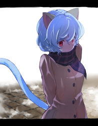 Rule 34 | 1girl, animal ears, blue hair, breasts, cat ears, cat tail, coat, cold, female focus, highres, hunter x hunter, letterboxed, medium breasts, neferpitou, red eyes, scarf, short hair, slit pupils, solo, tail, white background, yagisawa teru