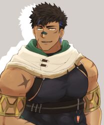 Rule 34 | 1boy, bandaid, bandaid on face, bandaid on nose, bara, bare shoulders, black hair, blue hair, crave saga, cross scar, dark-skinned male, dark skin, facial scar, gae bolg (crave saga), large pectorals, leather, looking at viewer, male focus, multicolored hair, muscular, muscular male, nattukre, open mouth, pectorals, scar, scar on cheek, scar on face, shirt, short hair, solo, streaked hair, tight clothes, tight shirt, underbust, upper body