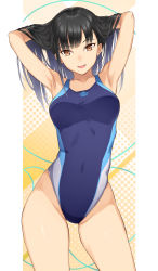 Rule 34 | 1girl, armpits, arms up, black hair, breasts, brown eyes, competition swimsuit, cowboy shot, eyebrows hidden by hair, fitness boxing, highleg, highleg swimsuit, highres, long hair, looking at viewer, medium breasts, one-piece swimsuit, open mouth, outside border, serizawa (serizawaroom), solo, swimsuit, thighs
