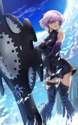 Rule 34 | 1girl, amanna, armor, armored boots, black leotard, black thighhighs, blue sky, boots, breasts, breasts apart, day, detached sleeves, fate/grand order, fate (series), hair over one eye, holding, holding shield, leotard, mash kyrielight, medium breasts, outdoors, pink hair, purple eyes, shield, short hair, sky, solo, thigh boots, thigh strap, thighhighs