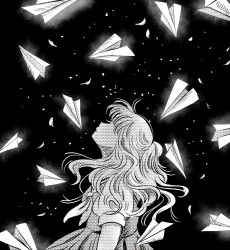 Rule 34 | 1girl, black background, dress, greyscale, long hair, looking up, migite09, monochrome, original, paper airplane, profile, solo, stipple coloring
