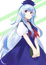 Rule 34 | 1girl, blue dress, blue hair, blue hat, book, commentary, cowboy shot, dress, hat, highres, holding, holding book, kamishirasawa keine, long hair, neckerchief, parted lips, puffy short sleeves, puffy sleeves, red eyes, red neckerchief, shirt, short sleeves, sideways glance, solo, suehachi (hikage), tokin hat, touhou, very long hair, white shirt