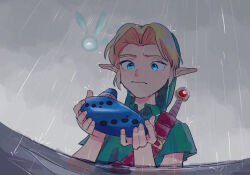 Rule 34 | 1boy, belt, blonde hair, blue eyes, brown belt, child, commentary request, fairy, green hat, green tunic, grey sky, hat, holding, holding instrument, instrument, link, looking at object, navi, nintendo, ocarina, rain, shoulder belt, sky, solo, standing, sword, the legend of zelda, the legend of zelda: ocarina of time, weapon, weapon on back, yamori (yamoooon21), young link