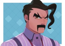 Rule 34 | 1boy, aqua background, black hair, border, brown eyes, buttons, closed mouth, collared shirt, commentary request, creatures (company), facial hair, game freak, highres, looking at viewer, male focus, mustache, nintendo, pokemon, pokemon sv, portrait, purple shirt, ruinai, saguaro (pokemon), shirt, short hair, solo, suspenders, white border