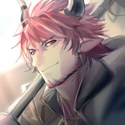 Rule 34 | 1boy, animal ears, arknights, bara, beard, collared jacket, cow boy, cow ears, cow horns, facial hair, from side, highres, horns, humus (arknights), jacket, jewelry, looking to the side, male focus, mature male, multicolored hair, muscular, muscular male, necklace, over shoulder, portrait, red hair, shabi96522, short hair, sketch, smile, solo, streaked hair, weapon, weapon over shoulder
