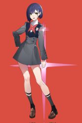 Rule 34 | 1girl, ananke 7, asymmetrical bangs, asymmetrical hair, black dress, black socks, blue hair, brown footwear, buttons, darling in the franxx, dress, full body, green eyes, hair ornament, hairclip, hand on own hip, highres, ichigo (darling in the franxx), loafers, looking at viewer, open mouth, parted bangs, red background, school uniform, shoes, socks, standing, yellow eyes