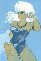 Rule 34 | 1980s (style), 1girl, adjusting hair, arm strap, black eyes, blue background, blue one-piece swimsuit, breasts, cleavage, contrapposto, cowboy shot, dark skin, dark-skinned female, earrings, floating hair, hand on own hip, jewelry, lipstick, long hair, looking away, maison ikkoku, makeup, medium breasts, necklace, official art, oldschool, one-piece swimsuit, otonashi kyouko, retro artstyle, simple background, solo, standing, star (symbol), star print, strapless, strapless one-piece swimsuit, swimsuit, takahashi rumiko, white hair