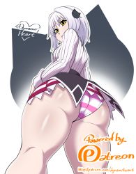 Rule 34 | 10s, 1girl, ass, dynamo heart, female focus, grey hair, hair ornament, high school dxd, highres, huge ass, looking at viewer, panties, pantyshot, shiny skin, simple background, skirt, solo, striped clothes, striped panties, toujou koneko, underwear, yellow eyes