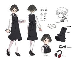 Rule 34 | 1girl, black choker, black dress, black footwear, black hair, black necktie, brown eyes, choker, clipboard, closed mouth, collared shirt, commentary, crossed arms, cup, dress, english commentary, glasses, headphones, highres, holding, holding clipboard, holding tray, long sleeves, looking at viewer, multicolored hair, multiple views, necktie, original, pantyhose, parted bangs, pink hair, round teeth, shirt, shoes, streaked hair, teeth, tetori rina, translation request, tray, white pantyhose, white shirt