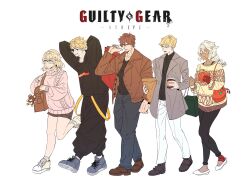 Rule 34 | 1girl, 4boys, aqua eyes, blonde hair, blue eyes, bridget (guilty gear), brown hair, burger, cup, dark-skinned female, dark skin, disposable cup, eyepatch, father-in-law and son-in-law, father and son, food, full body, garden27, guilty gear, guilty gear strive, highres, holding, holding food, ky kiske, long hair, long sleeves, looking at viewer, looking to the side, medium hair, multiple boys, orange eyes, pink sweater, ramlethal valentine, roger (guilty gear), round eyewear, short hair, sin kiske, smile, sol badguy, standing, stuffed animal, stuffed toy, sweater, teddy bear, trap, white hair