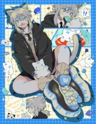 Rule 34 | !, 1other, :3, androgynous, animal, animal ears, black footwear, black jacket, black necktie, blue background, blue eyes, blue footwear, brown socks, brown vest, candy, cat, cat ears, cat tail, collared shirt, commission, cross-laced footwear, doughnut, fish, food, fruit, full body, grey hair, grid background, hair ornament, hairclip, highres, hood, hooded jacket, jacket, kagaya (oshiriudon), lollipop, long sleeves, looking at viewer, medium hair, multiple views, necktie, original, popsicle, shirt, shoes, sidelocks, sitting, skeb commission, smile, sneakers, socks, sparkle, strawberry, tail, vest, white cat, white shirt, yellow background