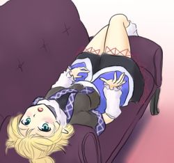 Rule 34 | 1girl, aqua eyes, arm warmers, blonde hair, couch, isaki (gomi), lying, mizuhashi parsee, on back, open mouth, pointy ears, shirt, short sleeves, skirt, solo, touhou