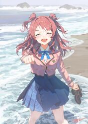 Rule 34 | 1girl, ^ ^, absurdres, beach, blazer, blue ribbon, blue skirt, blush, brown hair, brown jacket, clenched hand, closed eyes, commentary, da tengzi, facing viewer, fang, feet out of frame, foreshortening, gakuen idolmaster, hanami saki, highres, holding, holding shoes, idolmaster, jacket, neck ribbon, outdoors, plaid, plaid skirt, pleated skirt, ribbon, school uniform, shirt, shoes, skin fang, skirt, smile, solo, symbol-only commentary, two side up, unworn shoes, white shirt
