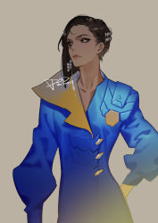 Rule 34 | 1girl, alternate costume, arm at side, arm behind back, artist name, asymmetrical hair, blue coat, brown background, brown eyes, brown hair, closed mouth, coat, collarbone, commentary request, dark-skinned female, dark skin, dated, expressionless, long sleeves, looking away, looking to the side, overwatch, overwatch 1, pharah (overwatch), psd, puffy long sleeves, puffy sleeves, short hair, signature, simple background, solo, thick eyebrows, tsurime, upper body