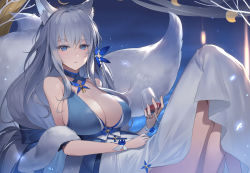Rule 34 | 1girl, animal ear fluff, animal ears, azur lane, bare shoulders, blue butterfly, blue dress, blue eyes, blush, breasts, bug, butterfly, cleavage, cup, cupping glass, dress, drinking glass, feather boa, fox ears, fox girl, grey hair, hair ornament, highres, insect, kitsune, large breasts, long hair, looking at viewer, mamima, multiple tails, shinano (azur lane), shinano (dreams of the hazy moon) (azur lane), solo, tail, very long hair, wine glass