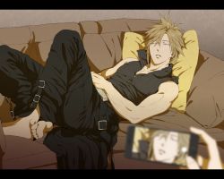 Rule 34 | 1boy, unworn armor, asymmetrical hair, bad id, bad pixiv id, bare arms, barefoot, black pants, blonde hair, cellphone, closed eyes, cloud strife, couch, disembodied limb, earrings, final fantasy, final fantasy vii, final fantasy vii advent children, full body, grey shirt, high collar, indoors, jewelry, kyoujixxxx, letterboxed, muscular, muscular male, open collar, pants, parted lips, phone, pillow, shirt, single earring, sleeping, spiked hair, square enix, taking picture