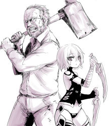 Rule 34 | 1boy, 1girl, axe, bare shoulders, beard, crossover, facial hair, fate/apocrypha, fate/grand order, fate (series), glasses, jack baker, jack the ripper (fate/apocrypha), looking at viewer, monochrome, name connection, navel, okamura (okamura086), panties, resident evil, resident evil 7: biohazard, scar, short hair, underwear, weapon, white background