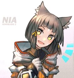 Rule 34 | 1girl, animal ears, blunt bangs, bodysuit, cat ears, gloves, kky, looking at viewer, nia (xenoblade), nintendo, short hair, silver hair, simple background, smile, solo, xenoblade chronicles (series), xenoblade chronicles 2, yellow bodysuit, yellow eyes
