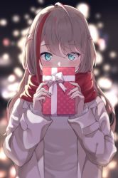 Rule 34 | 1girl, blue eyes, blurry, blurry background, blush, box, brown hair, coat, covering own mouth, gift, gift box, hair between eyes, highres, hijiriunu, holding, holding gift, kurusu natsume, lights, long hair, long sleeves, looking at viewer, multicolored hair, nijisanji, open clothes, open coat, red hair, solo, streaked hair, sweater, swept bangs, valentine, virtual youtuber, white coat, white sweater