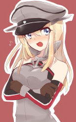 Rule 34 | 10s, 1girl, arm warmers, bad id, bad pixiv id, bismarck (kancolle), blonde hair, blue eyes, blush, breasts, brown gloves, crossed arms, gloves, hat, highres, hiraga pikurosu, kantai collection, long hair, military, military hat, military uniform, open mouth, peaked cap, personification, solo, uniform