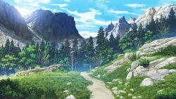 Rule 34 | absurdres, artist request, bush, cloud, commentary, english commentary, existence, game cg, grass, highres, landscape, mountain, no humans, outdoors, rock, scenery, second-party source, sky, trail, tree