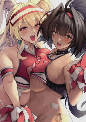 Rule 34 | :d, ahoge, bay (nikke), black hair, blonde hair, blush, breast press, breasts, brown eyes, cheerleader, clay (nikke), collar, crop top, dark-skinned female, dark skin, facial tattoo, goddess of victory: nikke, hair intakes, hairband, large breasts, long hair, midriff, mole, mole on breast, mole on stomach, mole under mouth, multicolored hair, navel, open mouth, pink eyes, pom pom (cheerleading), ponytail, red hair, red shirt, red skirt, shirt, skirt, smile, spiked collar, spikes, star tattoo, streaked hair, sweat, symmetrical docking, tattoo, tongue, tongue out, twintails, two-tone shirt, underboob, visor cap, yude
