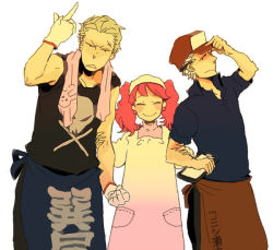 Rule 34 | 1girl, 2boys, annoyed, apron, atlus, bandana, baseball cap, black eyes, blonde hair, clenched hand, clipboard, closed eyes, cowboy shot, ear piercing, earrings, employee uniform, gloves, grey hair, happy, hat, head scarf, height difference, holding, jewelry, johnson, jolly roger, kappougi, konishi naoki, kujikawa rise, long hair, looking at viewer, looking away, middle finger, multiple boys, pencil, persona, persona 4, piercing, rabbit, red hair, scar, short hair, simple background, smile, tatsumi kanji, twintails, uniform, waist apron, white background, widow&#039;s peak