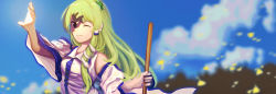 Rule 34 | 1girl, absurdres, arm up, broom, cloud, frog hair ornament, furahata gen, green hair, hair ornament, highres, holding, holding broom, japanese clothes, kochiya sanae, leaf, looking at viewer, miko, one eye closed, shadow, sky, smile, snake hair ornament, solo, sunlight, touhou