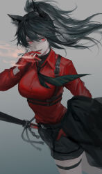 Rule 34 | 1girl, :d, absurdres, animal ears, arknights, black hair, breasts, cigarette, cowboy shot, floating hair, gloves, grey background, hand up, highres, jiam009, long hair, long sleeves, medium breasts, official alternate costume, open mouth, red eyes, red gloves, red shirt, shirt, smile, smoke, smoking, solo, standing, texas (arknights), texas (willpower) (arknights), thigh strap, wolf ears