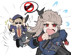 Rule 34 | 2girls, absurdres, atf, award ribbon, baton (weapon), belt pouch, blazer, blonde hair, blowing whistle, blue headwear, blue jacket, blue skirt, blush, brown sweater vest, chasing, clenched hands, commentary, crying, dsx, english commentary, fingerless gloves, flying sweatdrops, girls&#039; frontline, gloves, grey scarf, gun, gun sling, hair ornament, hand up, hat, highres, holding, holding weapon, jacket, light brown hair, long hair, long sleeves, meme, miniskirt, multiple girls, necktie, no pupils, nose blush, notice lines, open mouth, peaked cap, pleated skirt, police, police uniform, policewoman, pouch, red eyes, red gloves, red necktie, running, scarf, shoulder stock, simple background, single horizontal stripe, sketch, skirt, sp9 (girls&#039; frontline), speed lines, spoken no symbol, spoken object, streaming tears, stribog sp9, sunglasses, super-shorty (girls&#039; frontline), sweater vest, tears, two side up, uniform, v-shaped eyebrows, wavy mouth, weapon, whistle, white background