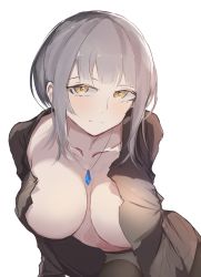Rule 34 | 1girl, black survival, blouse, breasts, collarbone, dr. nadja, eternal return: black survival, grey hair, highres, jewelry, large breasts, leaning forward, looking at viewer, necklace, no bra, open clothes, open shirt, shirt, short hair, simple background, smile, solo, tagme, torn clothes, torn shirt, white background, yakii (yak11), yellow eyes