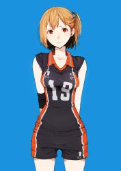 Rule 34 | 10s, 1girl, arms behind back, bad artstreet id, bad id, blee, blonde hair, blue background, blush, breasts, closed mouth, cowboy shot, haikyuu!!, highres, legs apart, looking at viewer, medium breasts, orange eyes, side ponytail, simple background, smile, solo, sportswear, volleyball uniform, yachi hitoka