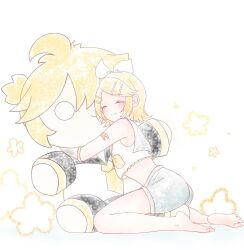 Rule 34 | 1girl, ahoge, arched back, bare shoulders, blonde hair, bow, character doll, chibi, detached sleeves, flat chest, grey sailor collar, grey shorts, grey sleeves, hair bow, hair ornament, hairclip, happy, highres, holding, holding stuffed toy, hug, kagamine len, kagamine rin, kneeling, konoha mine, light blush, midriff, neckerchief, necktie, number tattoo, o o, sailor collar, sailor shirt, shirt, short hair, short ponytail, shorts, shoulder tattoo, skinny, sleeveless, sleeveless shirt, smile, solo, star (symbol), starry background, stuffed toy, swept bangs, tattoo, vocaloid, white bow, white shirt, yellow neckerchief, yellow necktie
