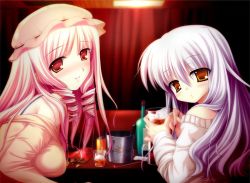 Rule 34 | 2girls, blush, cup, drill hair, drink, glass, highres, ice, long hair, multiple girls, pink hair, purple hair, red eyes, smile