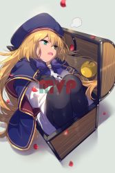 Rule 34 | 1girl, apple, artoria caster (fate), artoria caster (second ascension) (fate), artoria pendragon (fate), belt, beret, black gloves, black pantyhose, blonde hair, blue cape, blue hat, blush, breasts, buttons, cape, double-breasted, dress, echo (circa), fate/grand order, fate (series), food, fruit, gloves, golden apple, green eyes, hat, hood, hooded cape, long hair, long sleeves, looking to the side, multicolored cape, multicolored clothes, open mouth, pantyhose, red cape, small breasts, solo, thighs, treasure chest, twintails, white dress