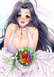 Rule 34 | 10s, 1girl, bad id, bad pixiv id, bare shoulders, black hair, blush, bouquet, breasts, bridal veil, bride, choker, cleavage, collarbone, dress, earrings, elbow gloves, female focus, flower, gloves, gradient background, hair ornament, idolmaster, idolmaster (classic), idolmaster million live!, inu (marukome), jewelry, large breasts, long hair, looking at viewer, miura azusa, open mouth, pendant, pink eyes, sleeveless, sleeveless dress, smile, solo, upper body, veil, very long hair, wedding dress, white gloves