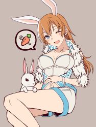 Rule 34 | animal ears, blue eyes, bracelet, breasts, carrot, charlotte e. yeager, cleavage, fork, jewelry, large breasts, long hair, looking at viewer, momiji7728, navel, one eye closed, open mouth, orange hair, rabbit, rabbit ears, rabbit girl, shorts, simple background, sitting, spoken food, spoken object, strike witches, tan background, world witches series