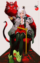 Rule 34 | 1girl, animal ears, black thighhighs, coat, copyright request, green footwear, grey coat, grey hair, hair ornament, hairclip, hakama, hakama pants, hakama shorts, highres, japanese clothes, long sleeves, looking at viewer, mouse ears, open clothes, open coat, pants, red eyes, red shorts, shoes, shorts, sitting, smile, so-bin, solo, thighhighs, torii