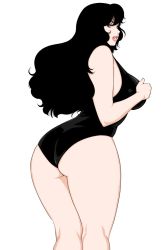 Rule 34 | 1girl, ass, bare shoulders, black hair, black one-piece swimsuit, breasts, brown eyes, commentary request, from behind, large breasts, lips, long hair, looking at viewer, looking back, matoyama, one-piece swimsuit, original, parted lips, simple background, smile, solo, swimsuit, thick thighs, thighs, white background