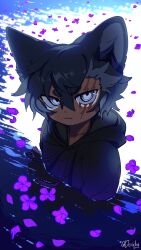 Rule 34 | 1boy, animal ears, artist name, black hair, black hoodie, blue background, child, closed mouth, colored sclera, commentary, deviidog0, flower, grey eyes, grey sclera, highres, hood, hoodie, long sleeves, looking at viewer, male focus, original, partially submerged, purple flower, ringed eyes, scar, scar across eye, short hair, solo, symbol-only commentary, twitter username, upper body, water, white background, wolf boy, wolf ears