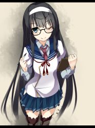 Rule 34 | 10s, 1girl, black hair, blue eyes, blue skirt, glasses, hairband, heavens thunder (byakuya-part2), highres, hip vent, holding, holding pen, kantai collection, layered sleeves, letterboxed, long hair, long sleeves, looking at viewer, necktie, one eye closed, ooyodo (kancolle), pen, pleated skirt, puffy short sleeves, puffy sleeves, school uniform, semi-rimless eyewear, serafuku, short over long sleeves, short sleeves, skirt, smile, solo, tassel, thighhighs, under-rim eyewear