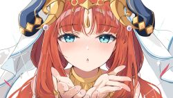 Rule 34 | 1girl, anbasa (amaneyuz13), aqua eyes, blowing kiss, blush, circlet, fake horns, genshin impact, hands up, highres, horns, jewelry, light particles, long hair, neck ring, nilou (genshin impact), puckered lips, red hair, sidelocks, simple background, solo, sparkle, twintails, veil, white background, white headwear, white veil