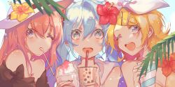 Rule 34 | 3girls, bare shoulders, blonde hair, blue eyes, blue hair, blush, bow, bubble tea, commentary, cup, day, disposable cup, drinking straw, flower, food, hair bow, hair flower, hair ornament, hairclip, hat, hat flower, hatsune miku, hibiscus, holding, holding cup, kagamine rin, looking at viewer, megurine luka, multiple girls, nail polish, one eye closed, open mouth, outdoors, palm leaf, pink hair, saihate (d3), shaved ice, shoulder blush, smile, spoon, straight hair, sun hat, twintails, upper body, utensil in mouth, very long sleeves, vocaloid, white bow