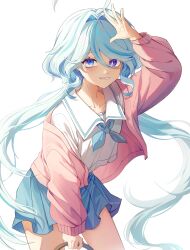 1girl absurdres ahoge blue_eyes blue_hair blue_skirt blver cardigan collarbone drop-shaped_pupils furina_(genshin_impact) genshin_impact heterochromia highres light_blue_hair long_hair long_sleeves looking_at_viewer mismatched_pupils multicolored_hair neckerchief pink_cardigan pleated_skirt school_uniform serafuku shirt skirt smile solo streaked_hair symbol-shaped_pupils white_background white_shirt