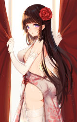 Rule 34 | 1girl, ass, back, backless outfit, bison cangshu, black hair, blunt bangs, china dress, chinese clothes, cowboy shot, curtain grab, curtains, dress, elbow gloves, flower, from behind, garter straps, gloves, hair flower, hair ornament, highres, long hair, looking at viewer, looking back, original, purple eyes, red flower, red rose, rose, side slit, solo, standing, tareme, thighhighs, white gloves, white thighhighs