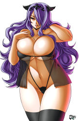 Rule 34 | 1girl, black thighhighs, breasts, bursting breasts, camilla (fire emblem), cleavage, curvy, fire emblem, fire emblem fates, hair over one eye, huge breasts, jadenkaiba, lingerie, long hair, naughty face, navel, nintendo, open mouth, purple eyes, purple hair, see-through, skindentation, smile, solo, standing, thick thighs, thighhighs, thighs, underboob, underwear, wide hips