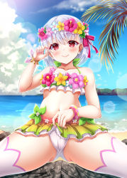 Rule 34 | 1boy, 1girl, absurdres, bare shoulders, beach, bikini, blue sky, blush, bracelet, breasts, cameltoe, collarbone, crotch, earrings, fate/grand order, fate (series), flower earrings, flower wreath, girl on top, gluteal fold, green bikini, hair ribbon, head wreath, highres, jewelry, kama (fate), kama (swimsuit avenger) (fate), kama (swimsuit avenger) (first ascension) (fate), looking at viewer, miniskirt, navel, palm leaf, rainbow skirt, red eyes, ribbon, shore, short hair, sitting, sitting on person, skirt, sky, small breasts, smile, solo focus, swimsuit, thighhighs, thighs, tsukumokazuki, white hair, white thighhighs
