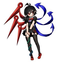 Rule 34 | 1girl, :&gt;, ahoge, asymmetrical wings, black hair, black thighhighs, dress, full body, houjuu nue, magifuro, pointy ears, red eyes, short dress, snake, solo, thighhighs, tongue, tongue out, touhou, transparent background, white background, wings, zettai ryouiki